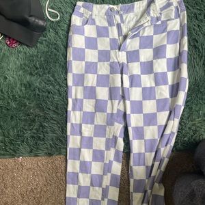 Purple and white checkerboard straight leg jeans
